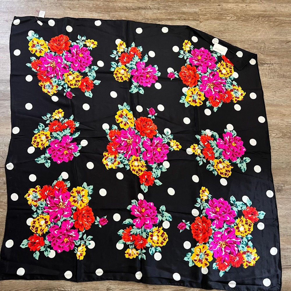 Vintage Echo Silk Scarf Black Polka Dot Floral Square Wrap 34x35